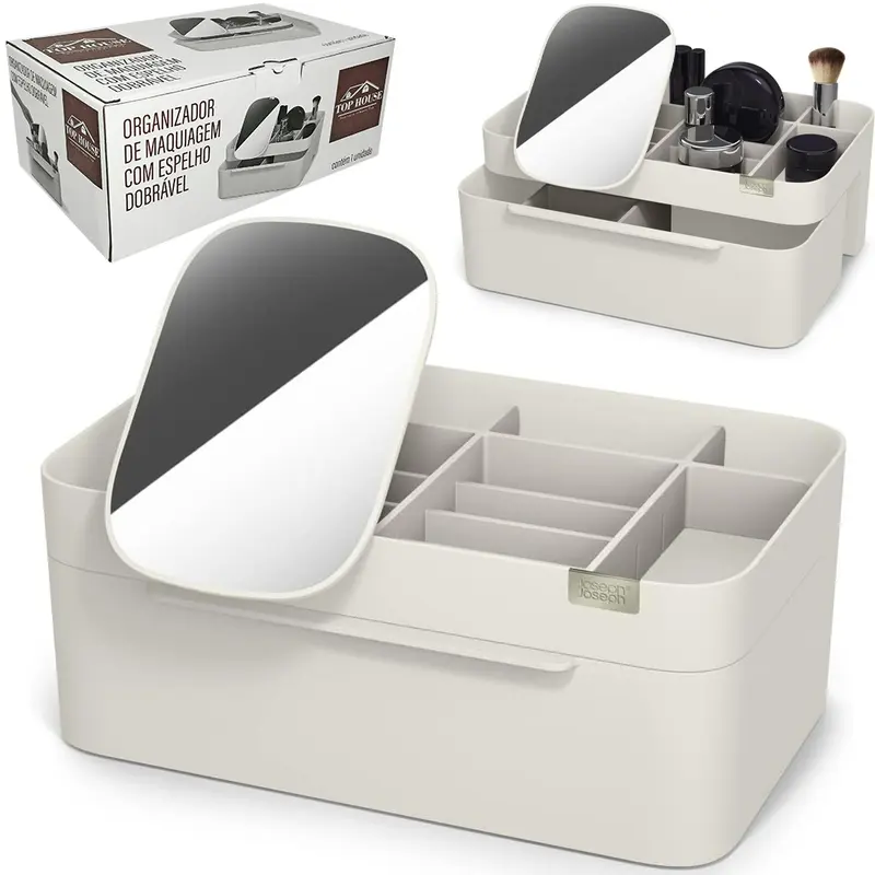 ORGANIZADOR DE MAQUIAGEM COM ESPELHO DOBRAVEL + GAVETA E 18 DIVISORIAS PLASTICO RETANGULAR