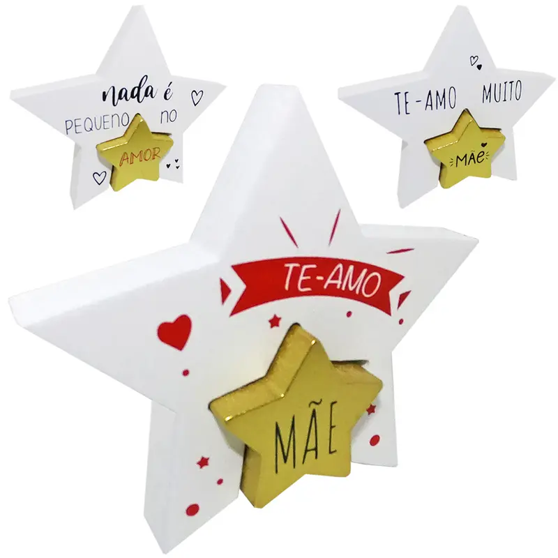 ENFEITE ESTRELA DE MADEIRA MDF FRASES MAE 2 PECAS 12X13CM
