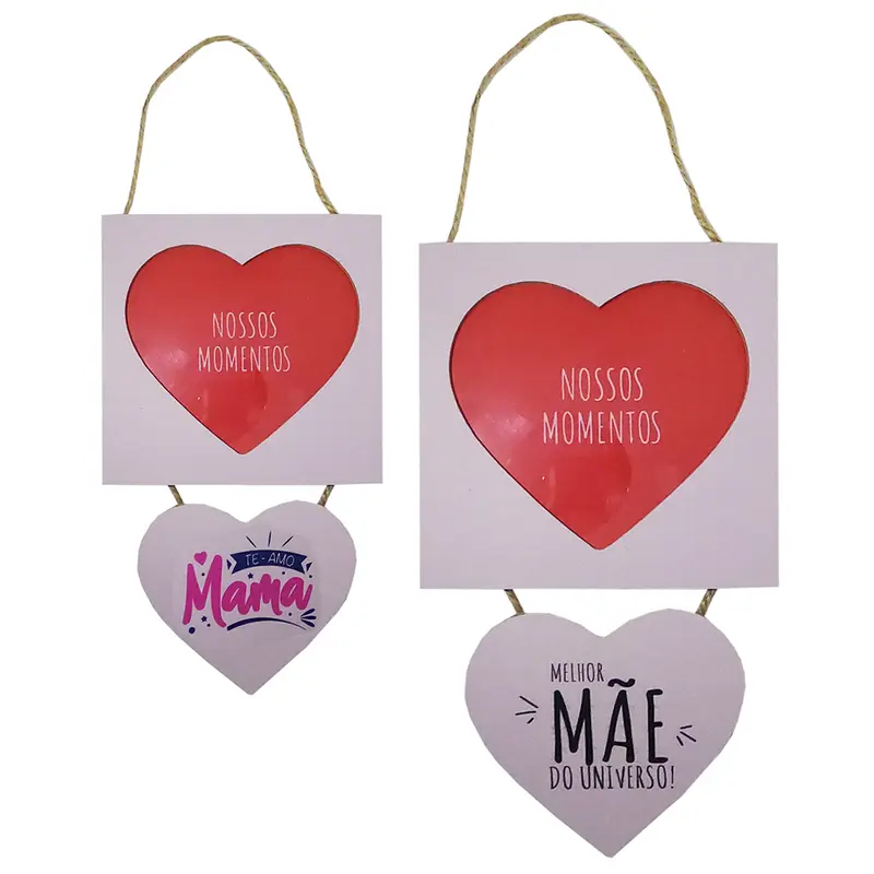 ENFEITE PLACA COM CORACAO DE MADEIRA MDF FRASES PARA PENDURAR 27CM