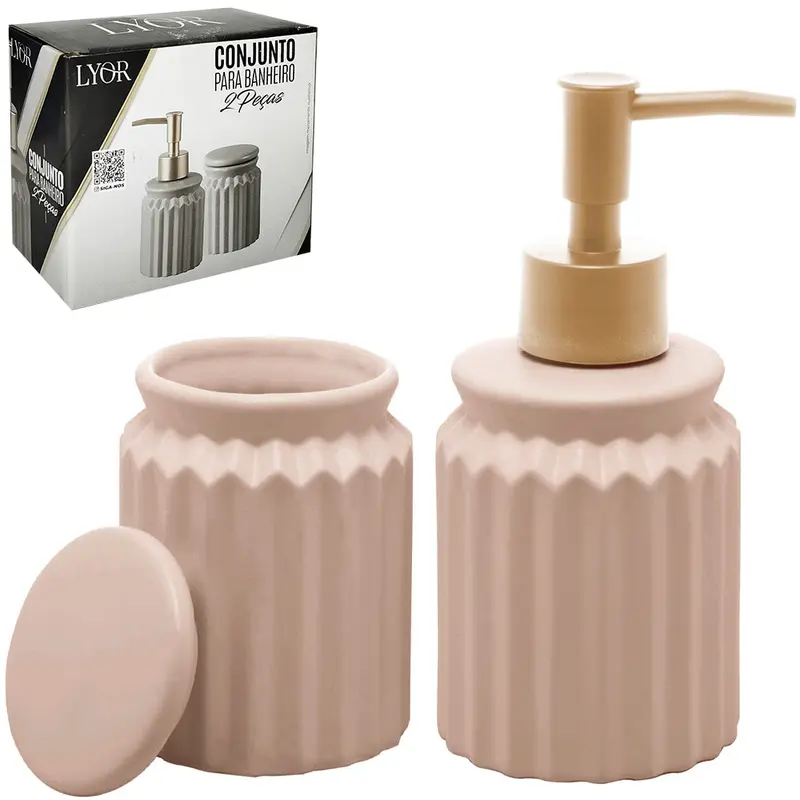 JOGO PARA BANHEIRO DE PORCELANA REDONDO STRIPES NUDE 2 PECAS