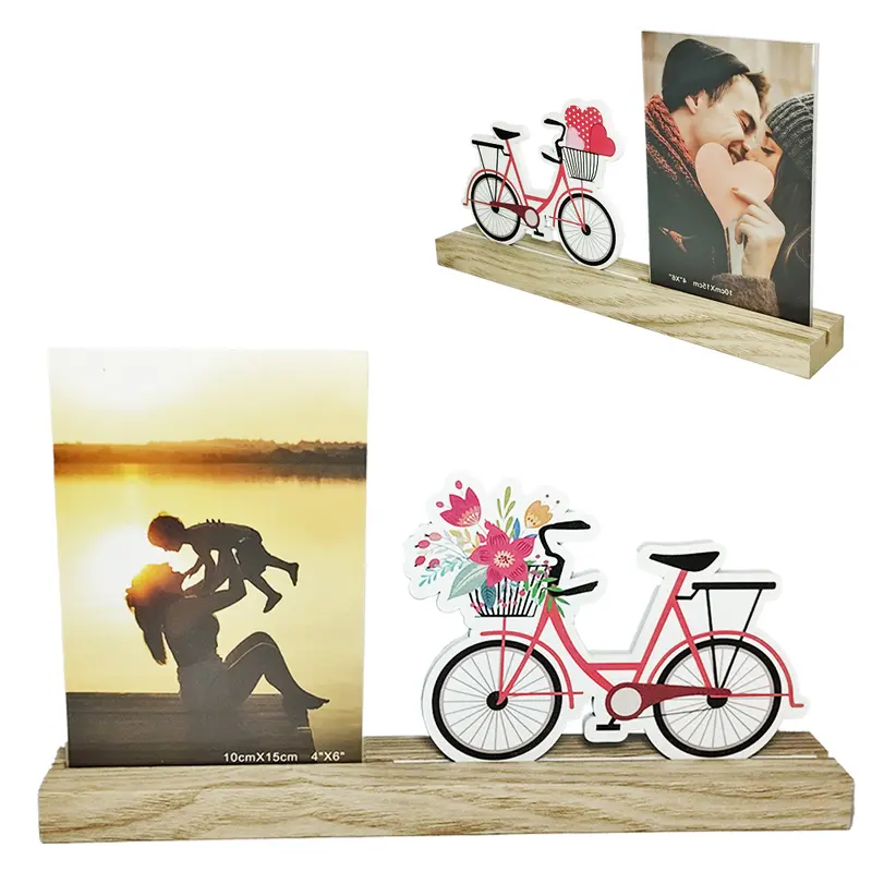 PORTA RETRATO 10X15 COM BICICLETA + BASE DE MADEIRA 27X16X3,8CM