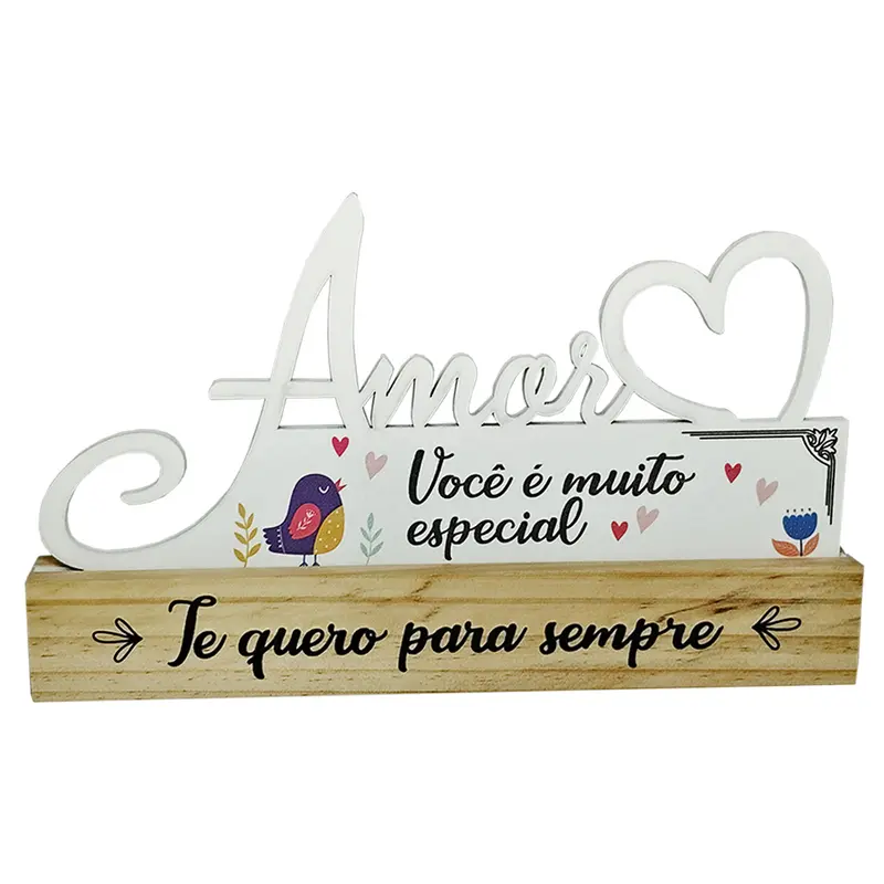 ENFEITE PALAVRA AMOR COM CORACAO BRANCO + BASE DE MADEIRA 24X14,5X2,5CM