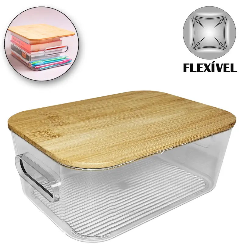 ORGANIZADOR DE PLASTICO PET FLEXIVEL RETANGULAR COM ALCA + TAMPA DE BAMBU 20X15X8CM