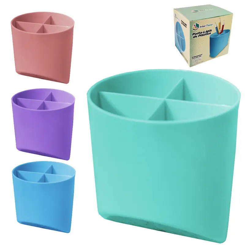ORGANIZADOR DE MESA / PORTA CANETA / LAPIS DE PLASTICO REDONDO COM 4 CAVIDADES INTER PAPER 10X9,8X8CM DE Ø