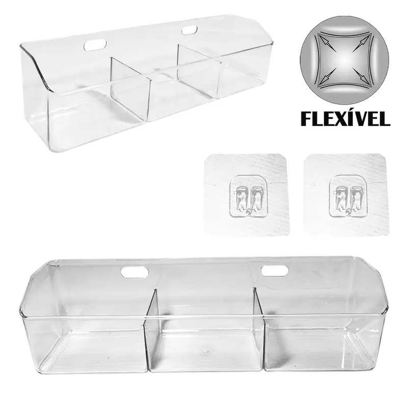 CESTO ORGANIZADOR DE PLASTICO PET FLEXIVEL RETANGULAR COM 3 DIVISORIAS MULTIUSO AUTOADESIVO 38,5X10,5X10CM