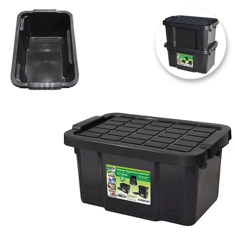 CAIXA ORGANIZADOR CONTAINER DE PLASTICO RETANGULAR EMPILHAVEL PRETO COM TAMPA + ALCA 15L 42X28X21,5CM