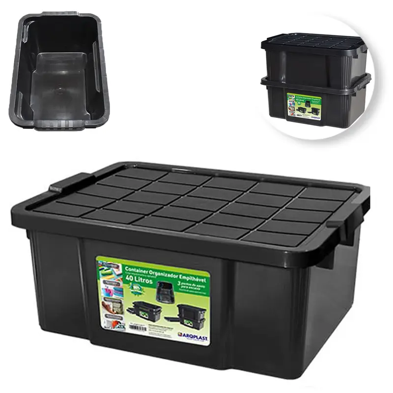 CAIXA ORGANIZADOR CONTAINER DE PLASTICO RETANGULAR EMPILHAVEL PRETO COM TAMPA + TRAVA E ALCA 40L 59X45X25CM