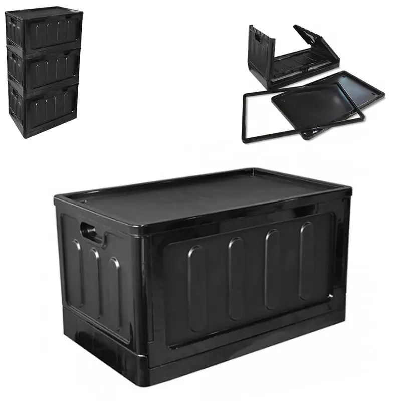 CESTO CAIXA ORGANIZADOR PLASTICO RETANGULAR EMPILHAVEL DOBRAVEL MULTIUSO PRETO COM TAMPA + ALCA 75L 64X39,5X37CM