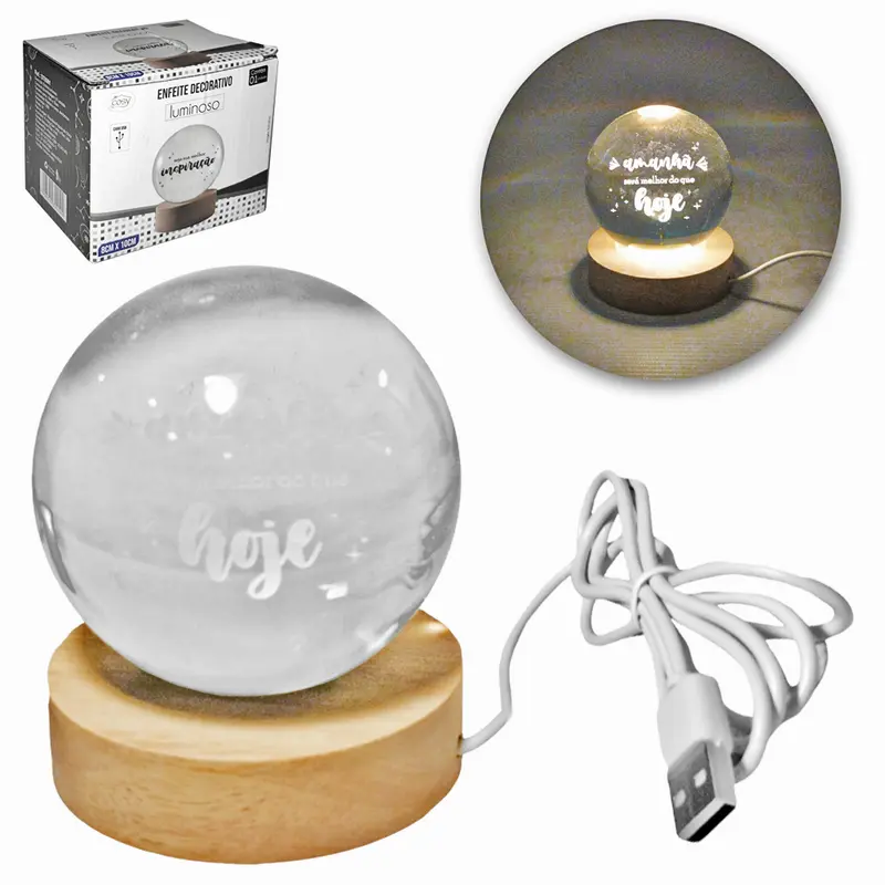 ENFEITE LUMINOSO DECORATIVO FRASES ESFERA DE VIDRO USB 10X8CM DE Ø