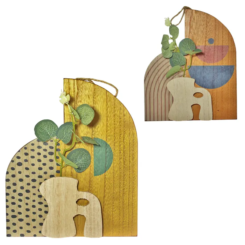ENFEITE PLACA DE MADEIRA MDF COM VASO DE FLOR PERMANENTE PARA PENDURAR 23,5X19,5CM