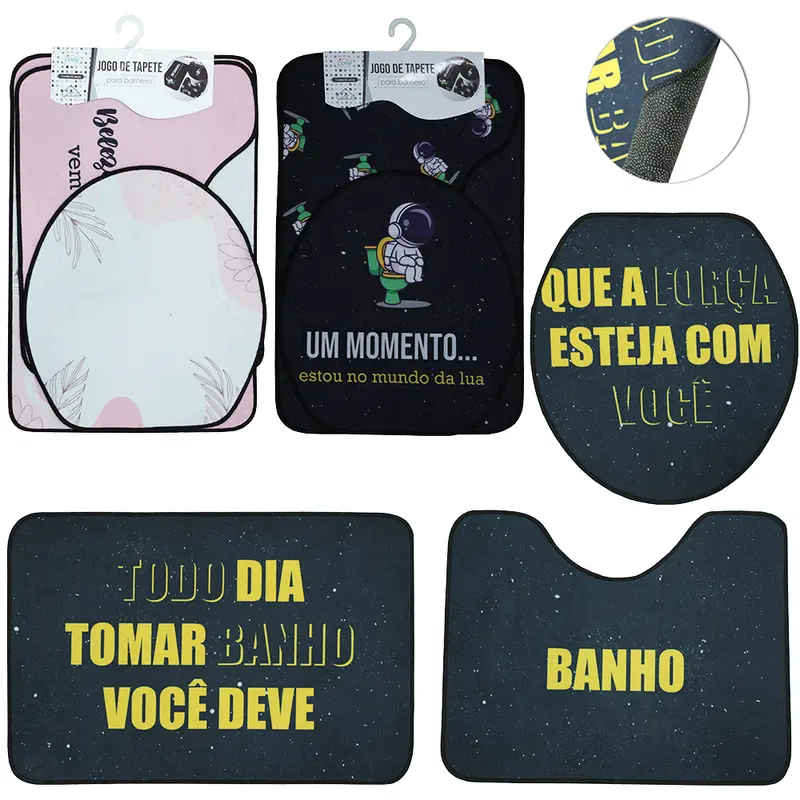 JOGO DE TAPETE PARA BANHEIRO ANTIDERRAPANTE ESTAMPADO COM 3 PECAS