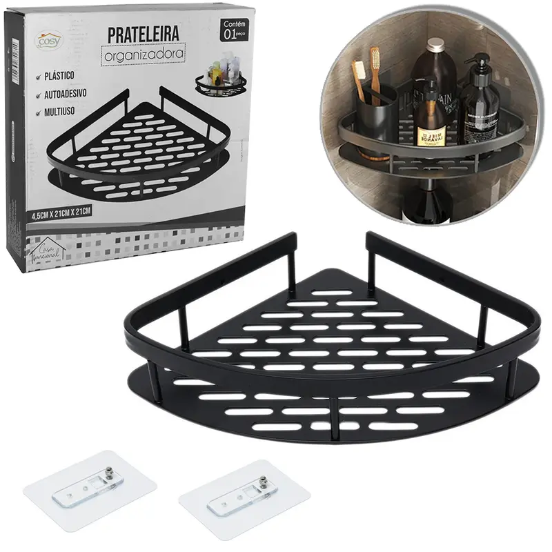 SUPORTE PRATELEIRA ORGANIZADOR DE PLASTICO TRIANGULAR COM AUTOADESIVO BLACK 21X4,5CM