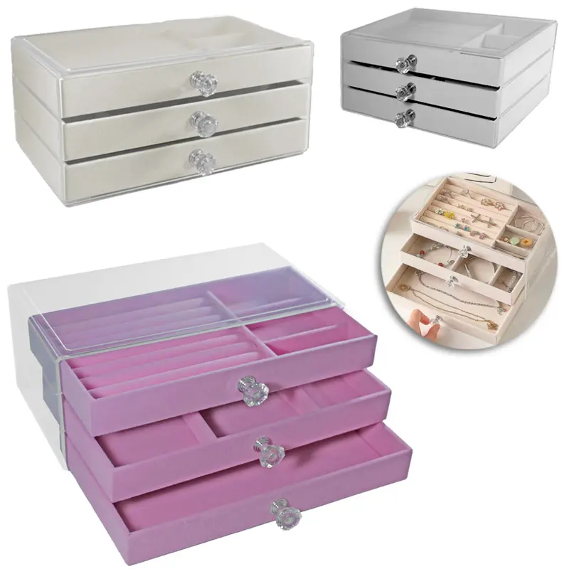 ORGANIZADOR PORTA JOIAS DE POLIESTER / PLASTICO PET FLEXIVEL RETANGULAR COM 3 GAVETAS + 10 DIVISORIAS 23,7X13,8X10,5CM