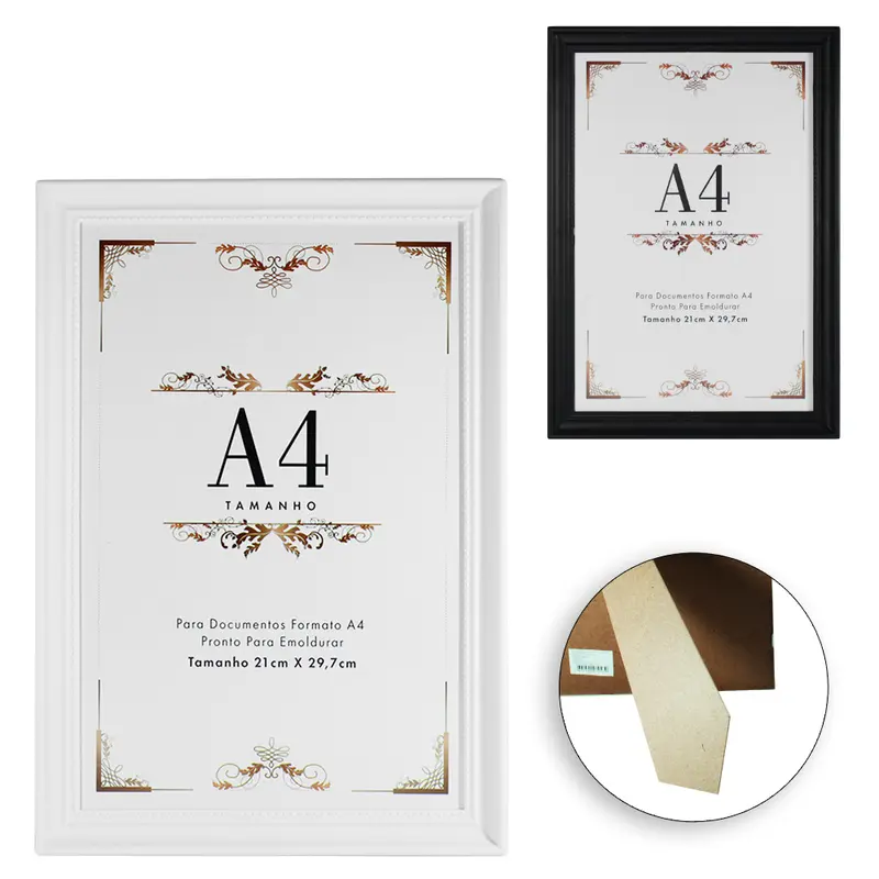 QUADRO PARA DIPLOMAS / CERTIFICADOS A4 DE PLASTICO PRETO / BRANCO 29,7X21CM