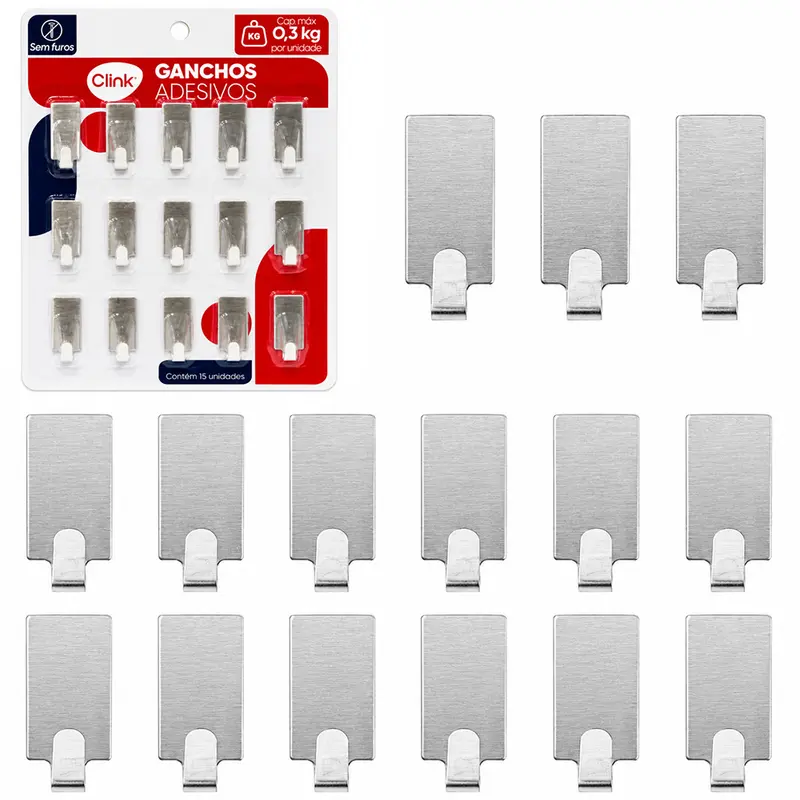 CABIDE GANCHO DE INOX RETANGULAR AUTOADESIVO COM 15 PECAS 3,5X1,5CM