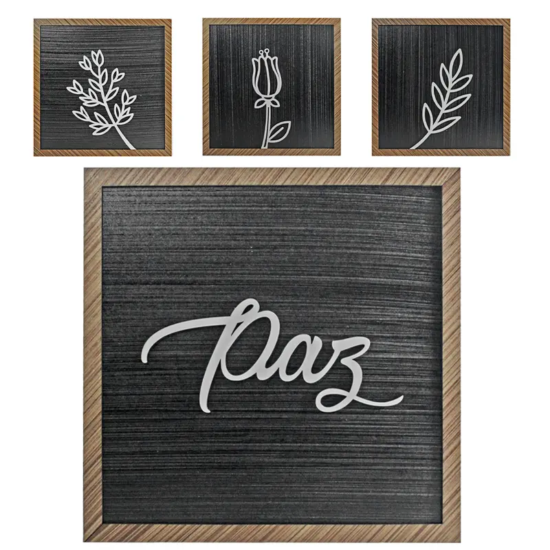 ENFEITE PLACA DECORATIVA DE MADEIRA MDF QUADRADO COM MOLDURA APLIQUE 29X29CM