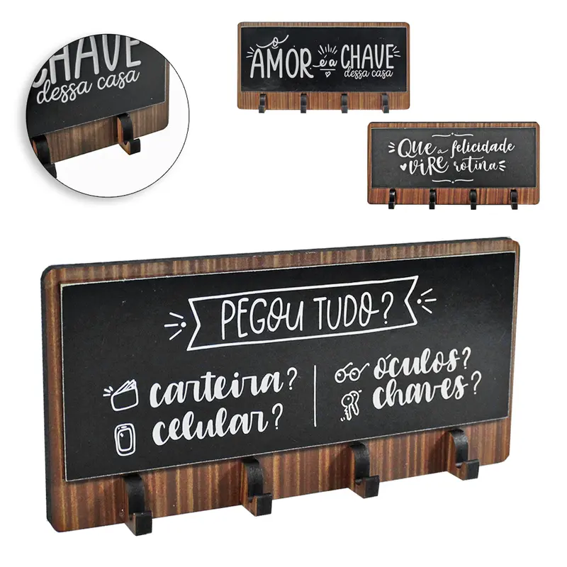 PORTA CHAVE DE MADEIRA RETANGULAR COM 4 GANCHOS FRASES 20X9,5CM