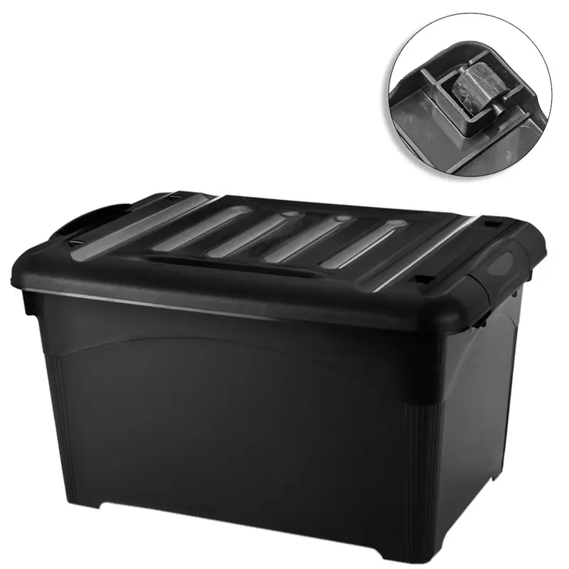 CAIXA ORGANIZADOR CONTAINER DE PLASTICO RETANGULAR BLACK COM RODIZIO + TAMPA E ALCA 65L 59X42X36CM