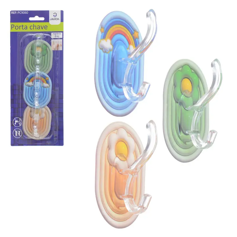 PORTA CHAVE / CABIDE GANCHO DE ACRILICO OVAL COM 3 GANCHOS DUPLO AUTOADESIVO 7X5CM