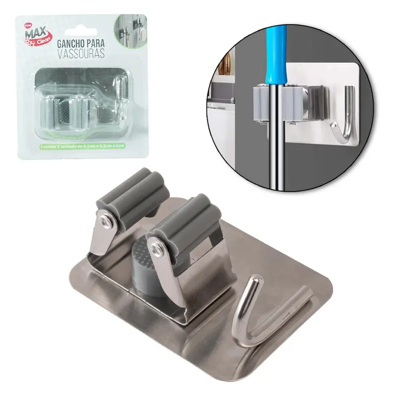 SUPORTE PORTA VASSOURA COM ENCAIXE + GANCHO DE INOX AUTOADESIVO MAX CLEAN 8,5X6,5X4CM