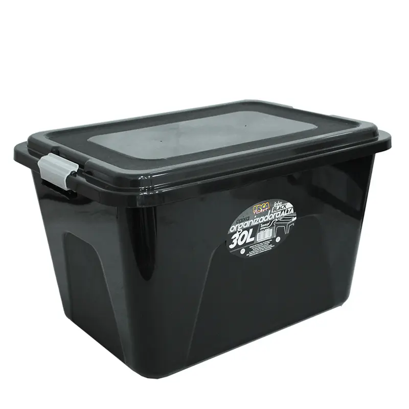 CAIXA ORGANIZADOR CONTAINER DE PLASTICO RETANGULAR BLACK COM TAMPA + TRAVA E ALCA 30L 47X34X28,5CM