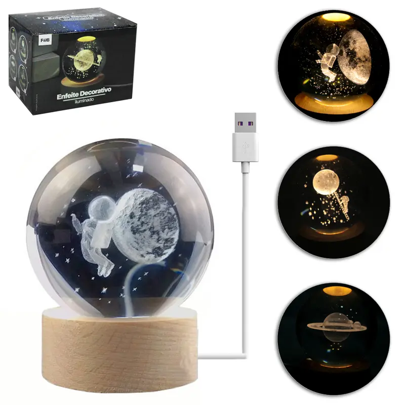 ENFEITE LUMINOSO DECORATIVO ESFERA DE VIDRO PLANETA COM BASE DE MADEIRA + 6 LEDS USB