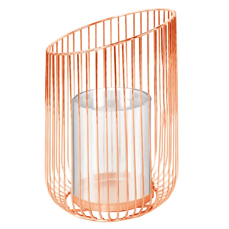 PORTA VELA / CASTICAL DE VIDRO COM SUPORTE ARAMADO METALIZADO ROSE GOLD 23X15CM DE Ø