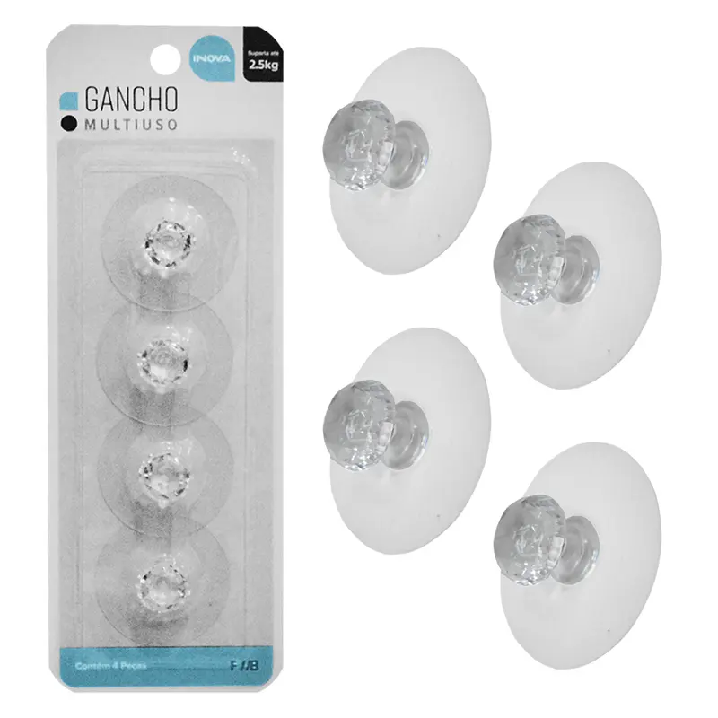 PUXADOR MULTIUSO PARA MOVEIS / CABIDE GANCHO DE ACRILICO REDONDO AUTOADESIVO TRANSPARENTE COM 4 PECAS 4,9CM DE Ø