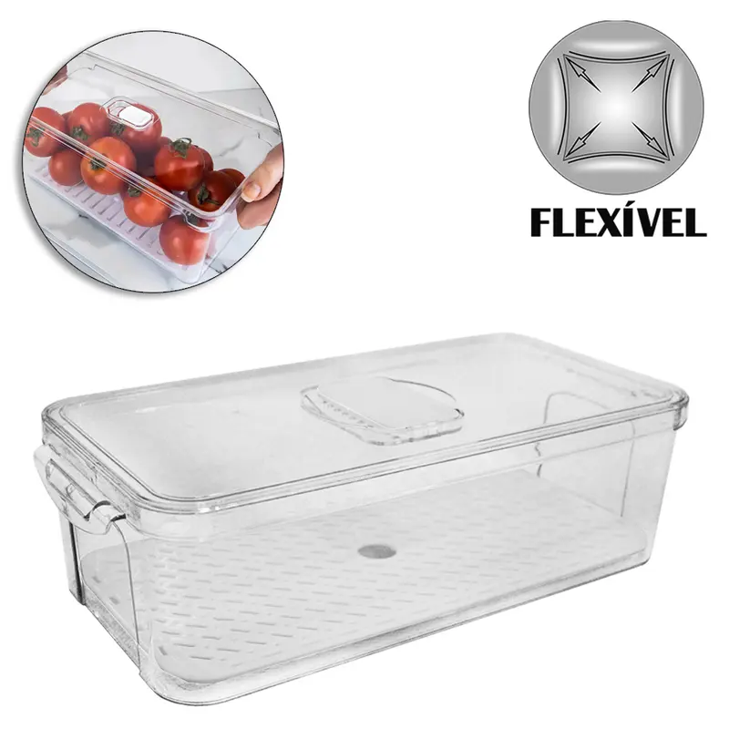 ORGANIZADOR DE GELADEIRA PLASTICO PET FLEXIVEL RETANGULAR COM ESCORREDOR + TAMPA + VALVULA E ALCA FACILE 34X16,5X10CM