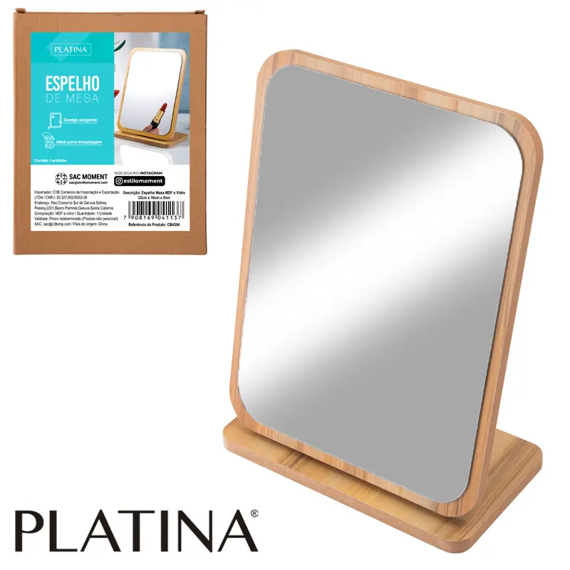 ESPELHO DE MESA RETANGULAR COM BASE MADEIRA MDF DOBRAVEL PLATINA 22X16X9CM