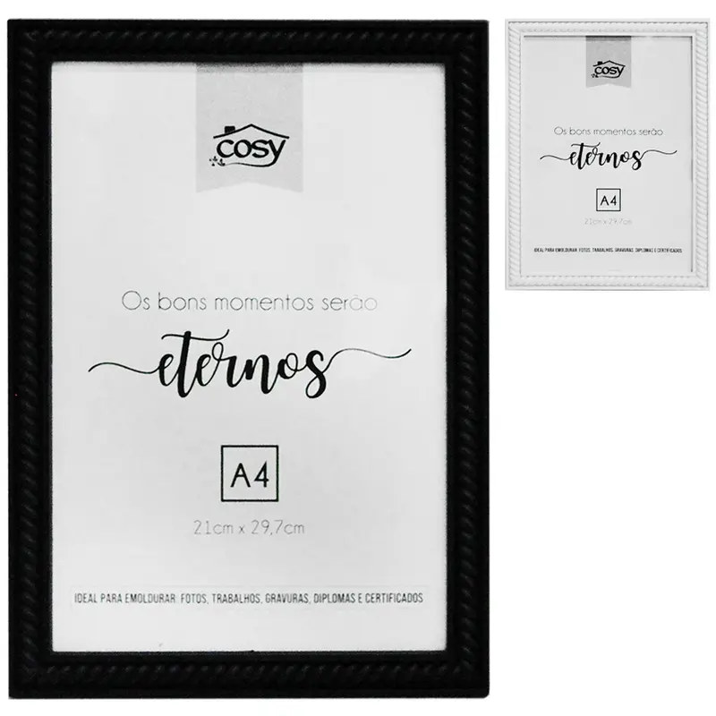 QUADRO PARA DIPLOMAS / CERTIFICADOS A4 DE PLASTICO TORCIDO PRETO / BRANCO 31X22CM