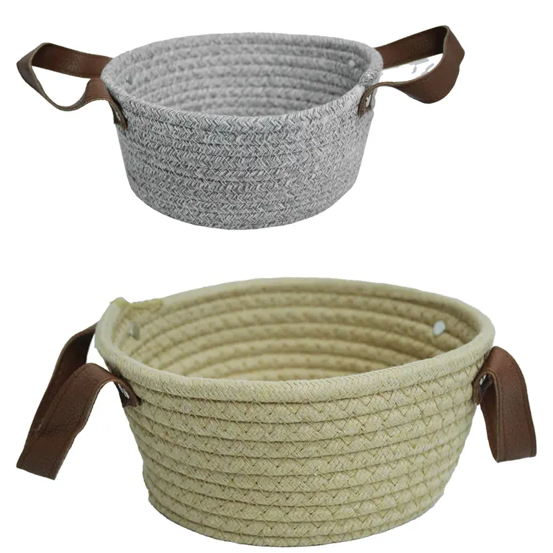 CESTA DE CORDA REDONDA COM ALCA DE COURO SINTETICO 9X19CM DE Ø