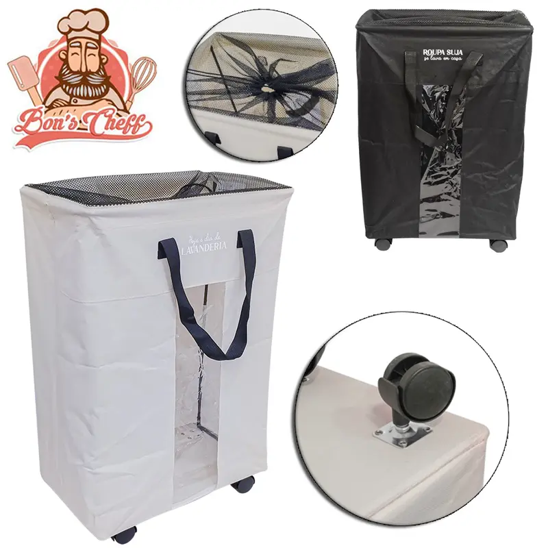 CESTO ORGANIZADOR MULTIUSO DE POLIESTER COM VISOR E RODIZIO DOBRAVEL RETANGULAR 61,5X39,5X25CM