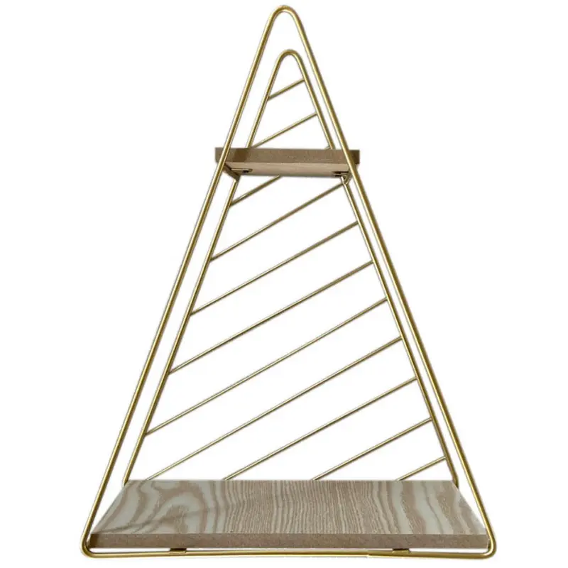 PRATELEIRA DECORATIVA TRIANGULAR DUPLA ARAMADO / MADEIRA METALIZADO DOURADO 33X25X9,5CM