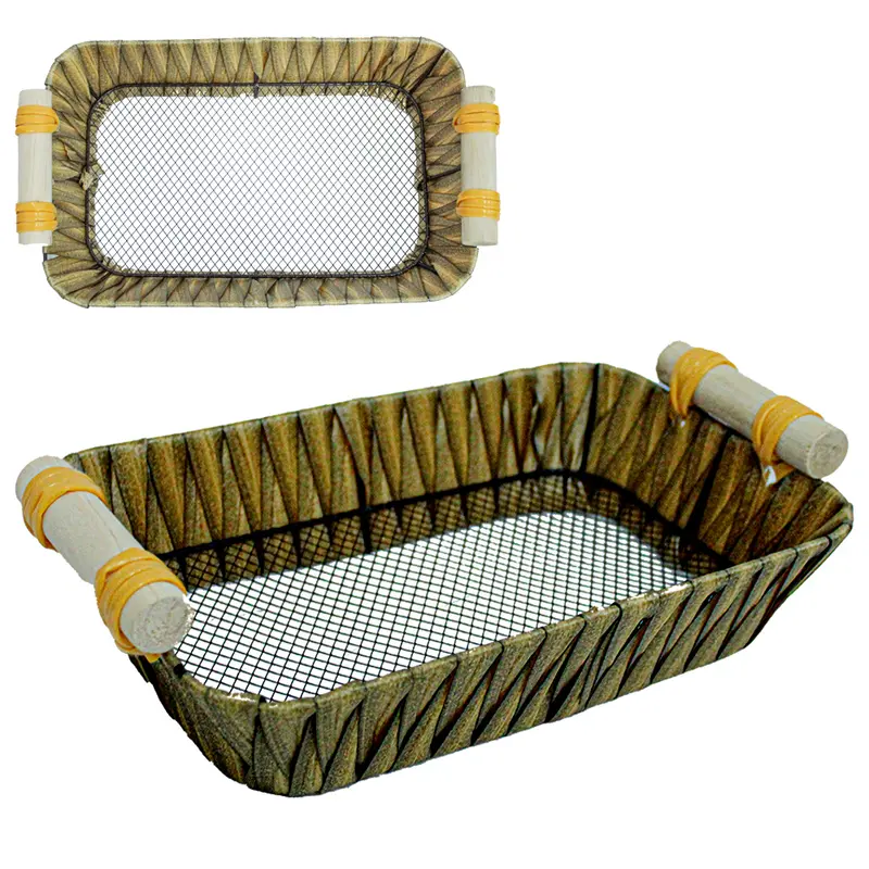 CESTA ARAMADA TIPO VIME RETANGULAR COM ALCA DE MADEIRA 30,5X18X6,4CM