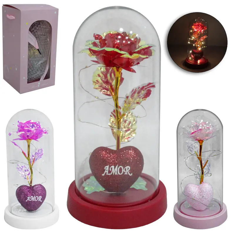 ENFEITE CUPULA COM FLOR CINTILANTE + MICRO LED CORACAO E BASE DE PLASTICO A PILHA 21X11CM DE Ø