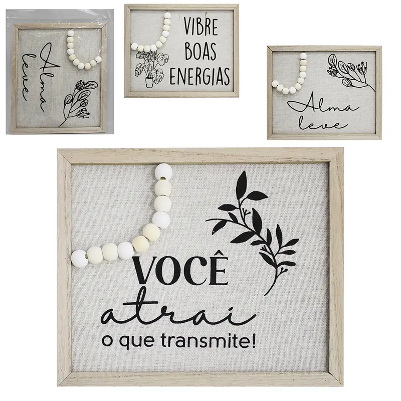 ENFEITE PLACA DE MADEIRA MDF / TECIDO FRASES HORIZONTAL COM DETALHES CONTAS 24X20CM