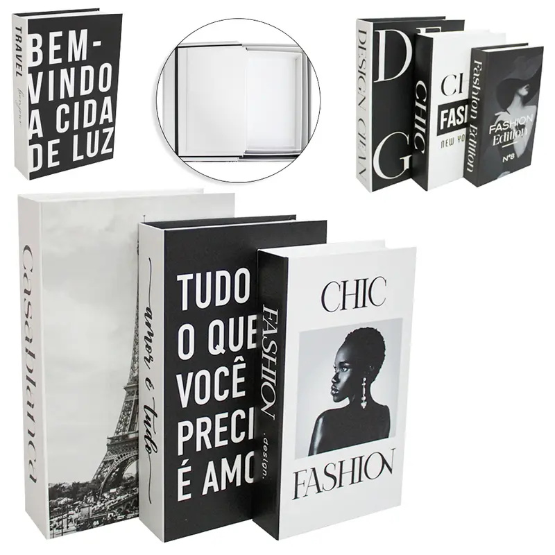 CAIXA DECORATIVA MODELO LIVRO ESTAMPAS SORTIDAS DCA DECOR COM 3 PECAS
