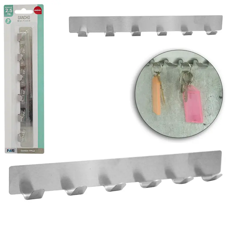 CABIDE GANCHO DE INOX RETANGULAR COM 6 GANCHOS AUTOADESIVO INOVA 24X3X2CM