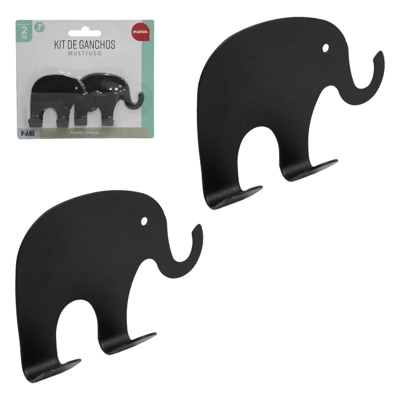 CABIDE GANCHO DE METAL ELEFANTE COM 2 GANCHOS DUPLO AUTOADESIVO INOVA PRETO COM 2 PECAS 7,5X5,8X2CM