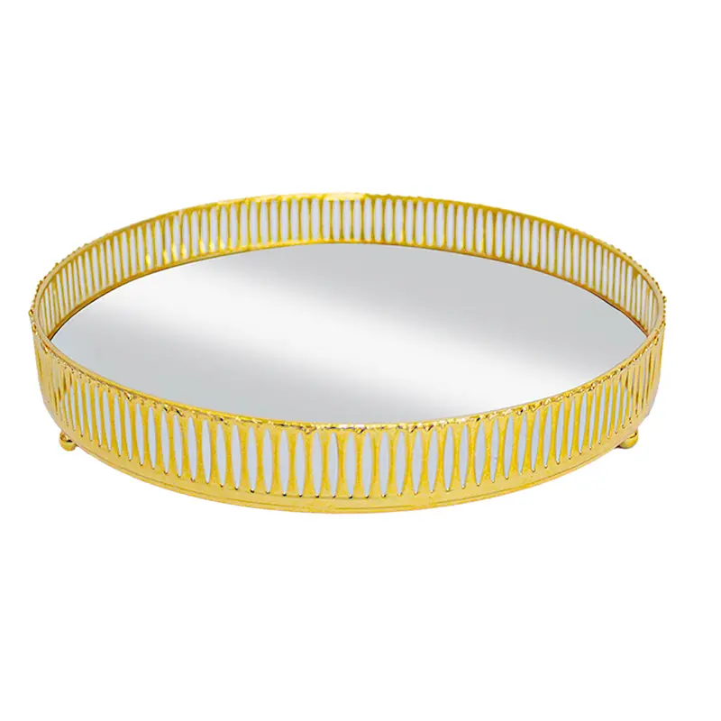 BANDEJA DE METAL COM ESPELHO REDONDO DECORATIVA METALIZADO DOURADO 4X25CM DE Ø