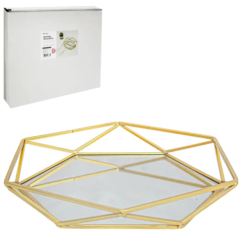BANDEJA ARAMADO COM ESPELHO HEXAGONAL DECORATIVA METALIZADO DOURADO DECOR 35,8X31,2X4,8CM