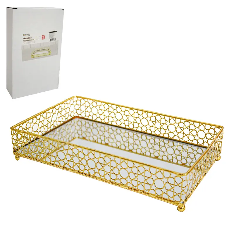 BANDEJA DE METAL COM ESPELHO RETANGULAR DECORATIVA METALIZADO DOURADO DECOR 25X15X4,5CM