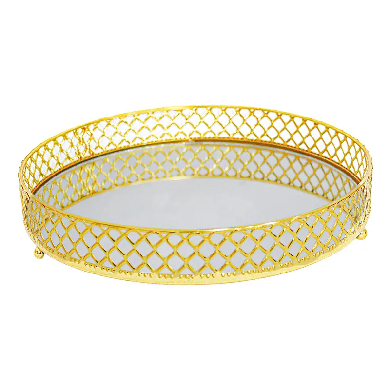 BANDEJA DE METAL COM ESPELHO REDONDO DECORATIVA METALIZADO DOURADO CASA 4,5X25CM DE Ø