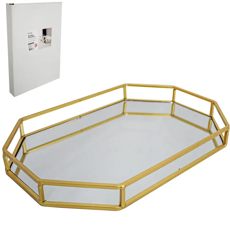 BANDEJA ARAMADO COM ESPELHO OITAVADO DECORATIVA METALIZADO DOURADO DECOR 38,5X24,5X3,3CM