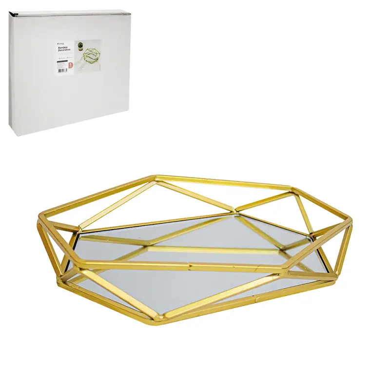 BANDEJA ARAMADO COM ESPELHO HEXAGONAL DECORATIVA METALIZADO DOURADO DECOR 27X23,8X4,8CM