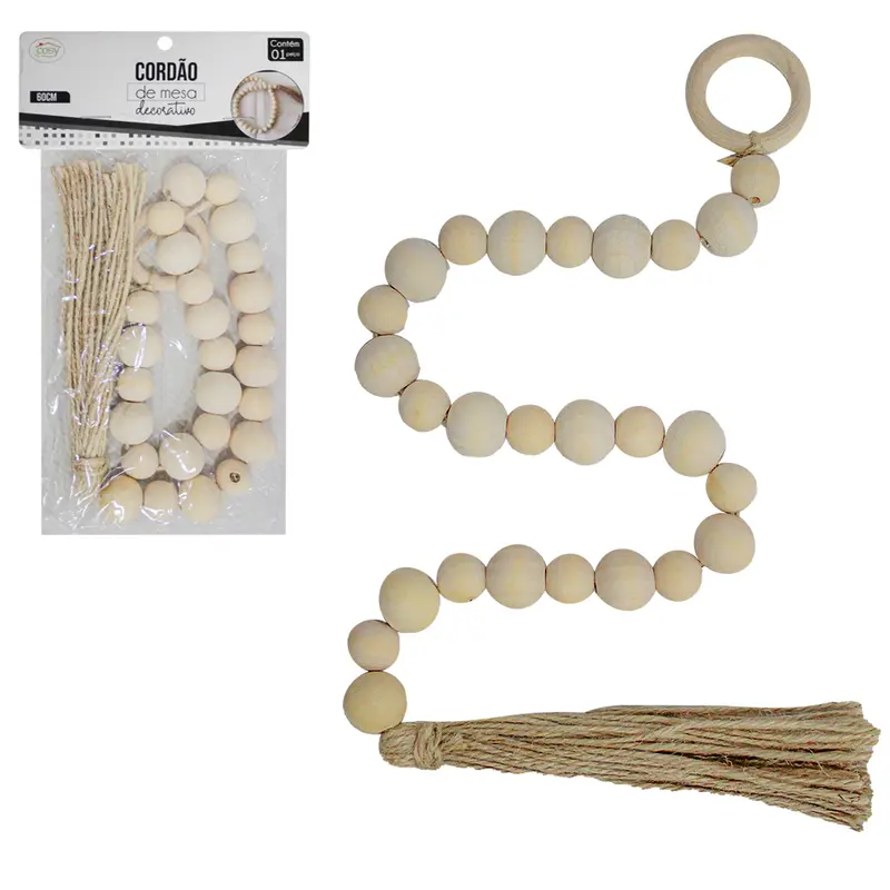 COLAR DECORATIVO EM CONTAS DE MADEIRA FRANJA 60CM