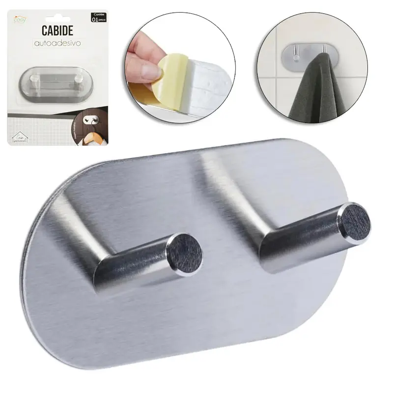 CABIDE GANCHO DE INOX OVAL DUPLO AUTOADESIVO 9X4,5CM