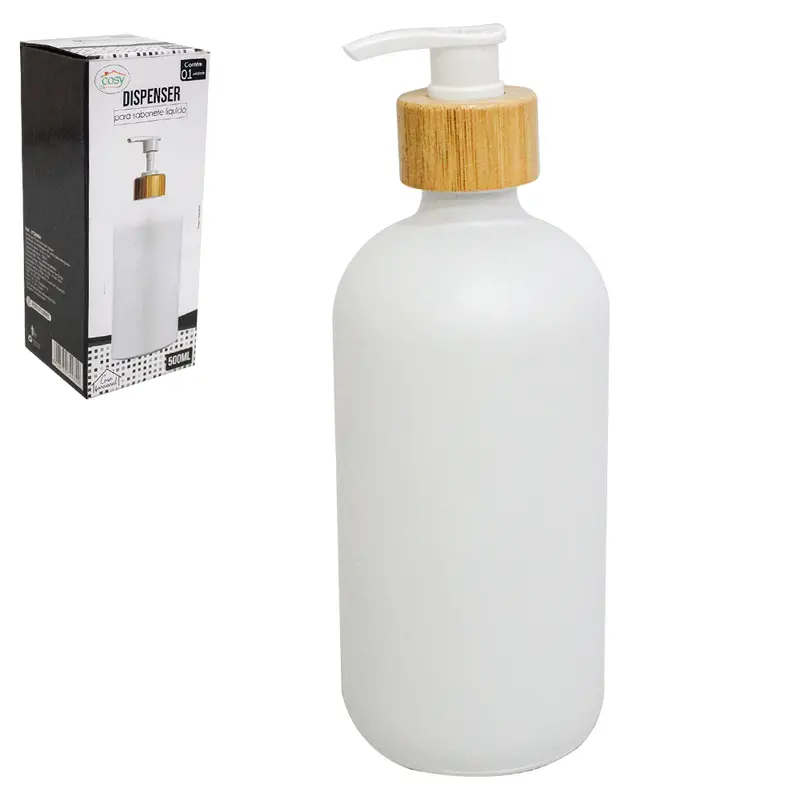 PORTA SABONETE LIQUIDO DE VIDRO REDONDO BRANCO GOLA DE BAMBU 500ML