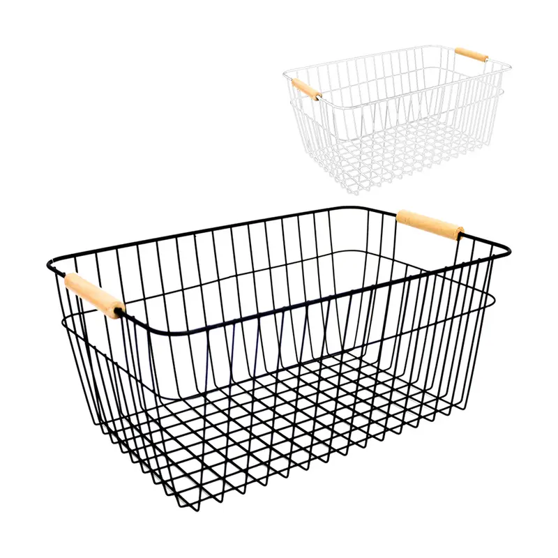 CESTO ORGANIZADOR ARAMADO RETANGULAR MULTIUSO COM ALCA DE MADEIRA 32X20,5X13,5CM